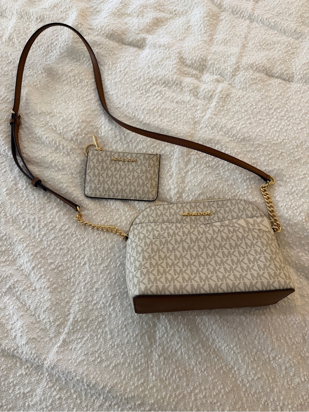 Michael Kors Cream/ Brown Logo Crossbody with Gold Chain